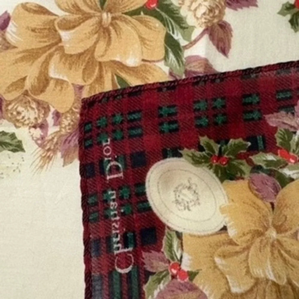 Vtg CHRISTIAN DIOR Scarf Handkerchief Floral Plaid Red Cream 18.5
